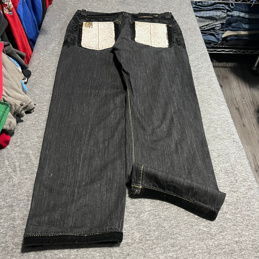 Crown Holder Mens Black Embroidered Script Pocket Wide Leg Jeans Size 36 x 34